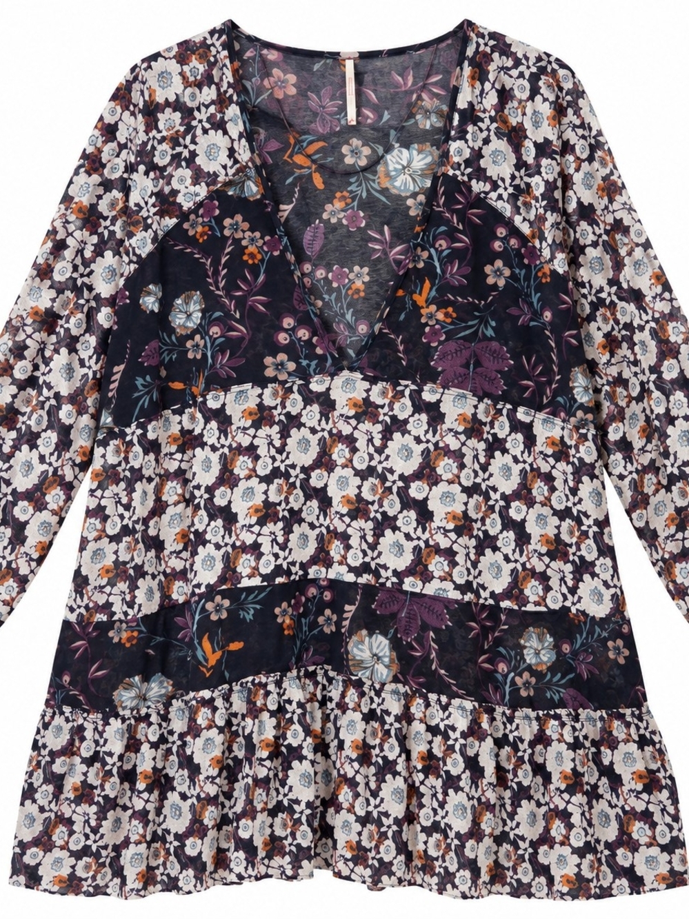Free People Floral Patchwork V-Neck Tunic in Plum and Cream